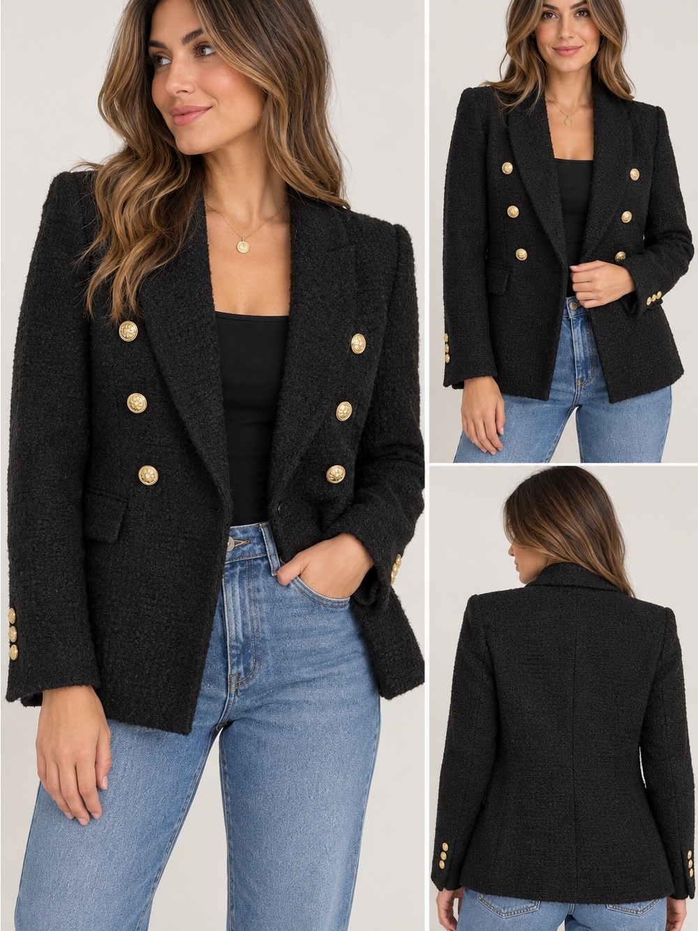 Zara Black Textured Bouclé Blazer with Gold Buttons